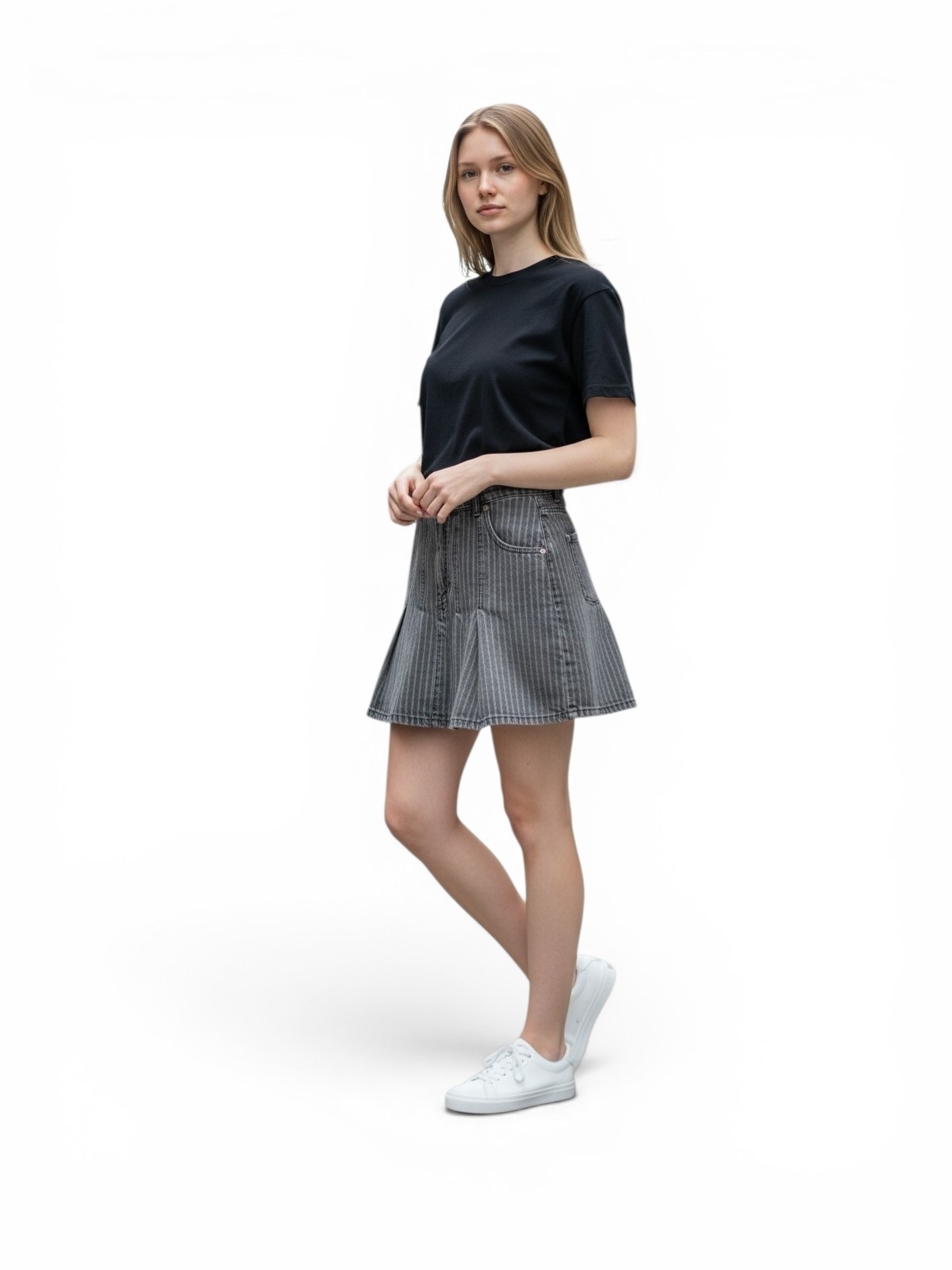 Zara Trf Gray Striped Denim Box Pleat Mini Skirt Mid Rise Wash M Y2k, Corpcore